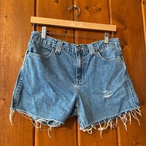 Distressed denim shorts